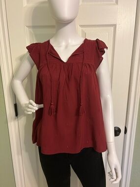 LOFT Wine Red Tassel V-Neck Flutter Sleeve Blouse